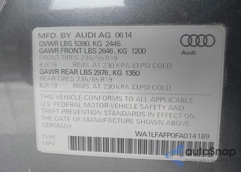 2015 Audi Q5 2.0T Premium из США, поврежденный, VIN WA1LFAFP0FA014189